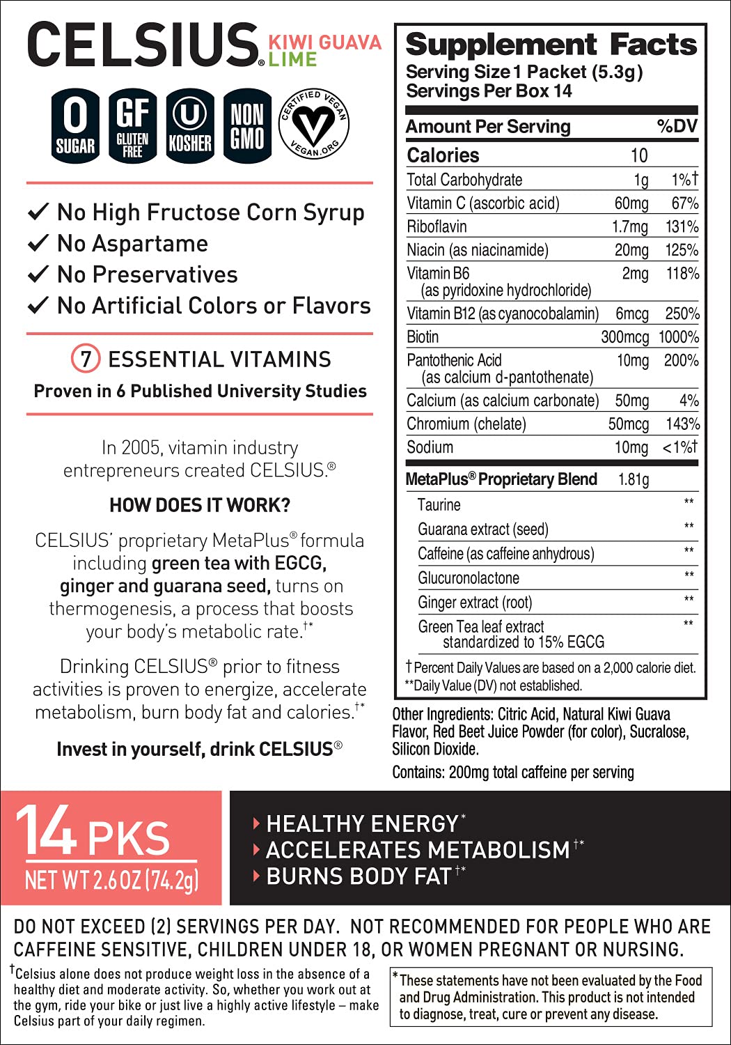 CELSIUS Dragonfruit Lime On-the-Go Powder Stick Packs， Zero Sugar (14 Sticks per Pack) - Image 4